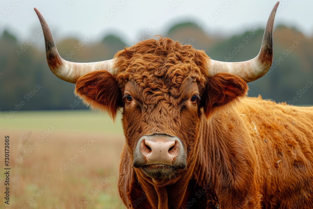 Highland Cow with Majestic Horns in Field, Close-up of a Highland cow with large horns standing in a field, its gaze fixed and contemplative amidst a natural backdrop. Highland Cow with Majestic Horns in Field, Close-up of a Highland cow with large horns standing in a field, its gaze fixed and contemplative amidst a natural backdrop.