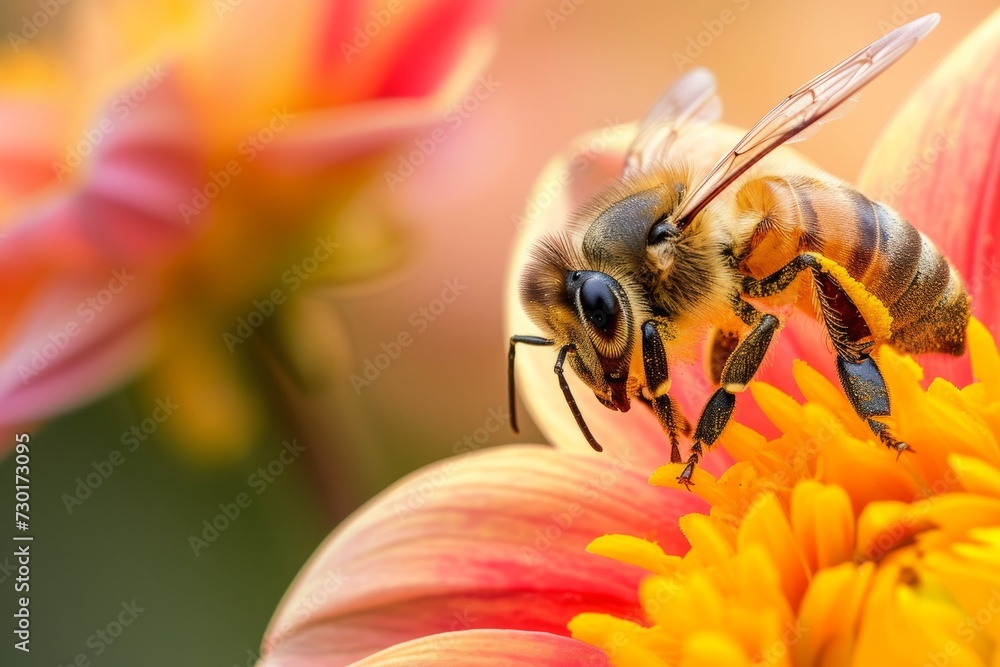 Fototapeta premium Honeybee Pollinating Vibrant Flowers, Macro shot of a honeybee covered in pollen, foraging on vivid flowers with a beautiful bokeh background.