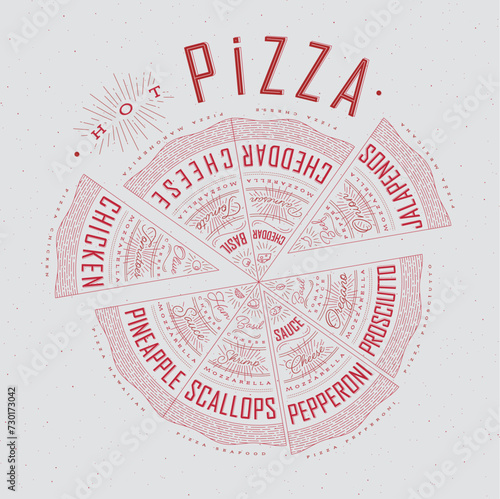 Obraz na płótnie Poster featuring slices of various pizzas, chicken, seafood, pepperoni, cheese, margherita with recipes and names showcased in hot pizza lettering, drawn with red on a grey background. w salonie