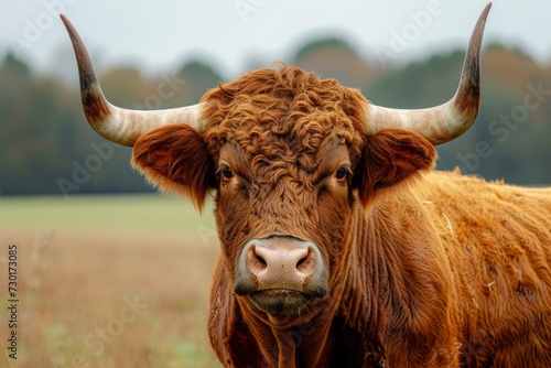 Highland Cow with Majestic Horns in Field, Close-up of a Highland cow with large horns standing in a field, its gaze fixed and contemplative amidst a natural backdrop.