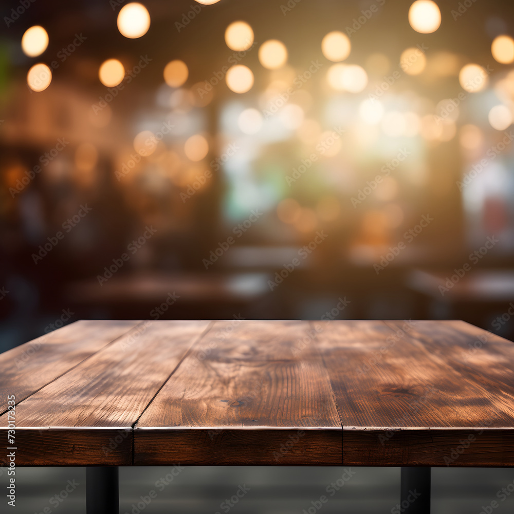 Empty wooden table and bokeh background