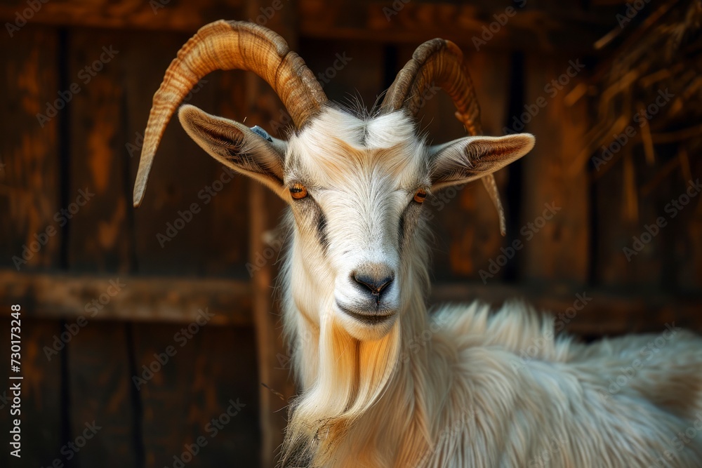 Majestic White Goat with Curled Horns, A majestic white goat with large curled horns poses serenely in a rustic barn setting, exuding elegance and poise. Majestic White Goat with Curled Horns, A majestic white goat with large curled horns poses serenely in a rustic barn setting, exuding elegance and poise.