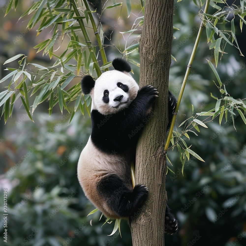 Obraz premium A panda effortlessly ascends a bamboo tree, displaying agility