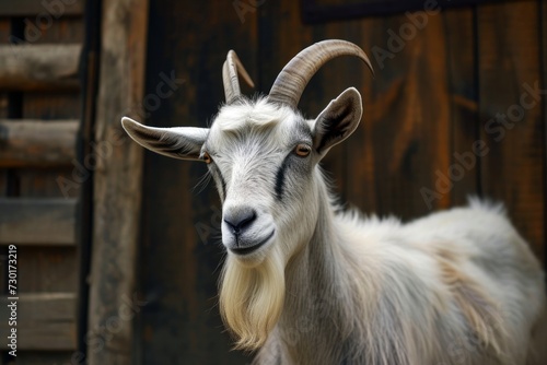 Majestic White Goat with Curled Horns, A majestic white goat with large curled horns poses serenely in a rustic barn setting, exuding elegance and poise.