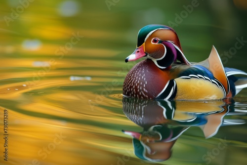 Mandarin Duck Floating on Autumn Pond, A Mandarin duck adorned in striking colors glides peacefully on a pond, with a reflection of autumn leaves in the water.