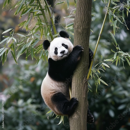 A panda effortlessly ascends a bamboo tree  displaying agility