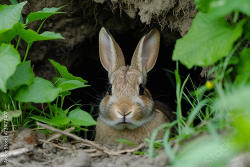Wild Rabbit Peeking from a Burrow, A cautious wild rabbit emerges from the safety of its burrow, peeking out into the surrounding greenery. © Nongkran