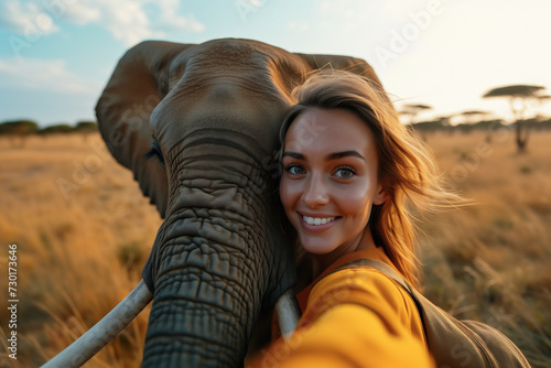 Beautiful Young Woman Posing with Elephant. Generative AI image.
