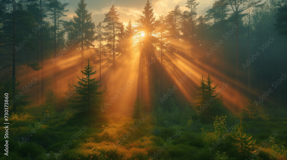 Morning in the forest, Sunrise in the forest, Sun rays in the forest, Mist in forest with sunbeam rays, Woods landscape, Ai generated image Morning in the forest, Sunrise in the forest, Sun rays in the forest, Mist in forest with sunbeam rays, Woods landscape, Ai generated image