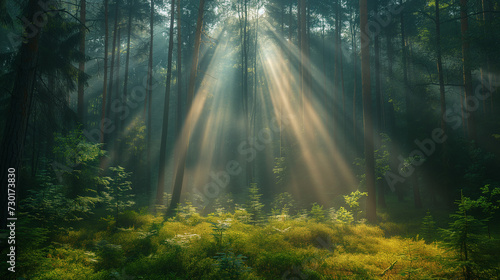 Morning sun rays in the forest, Sunrise in the forest, Sun rays in the forest, Mist in forest with sunbeam rays, Woods landscape, Ai generated image