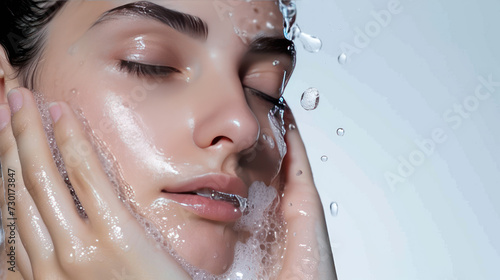 Beautiful woman washing her face in a white background studio.