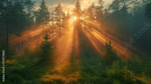 Morning in the forest, Sunrise in the forest, Sun rays in the forest, Mist in forest with sunbeam rays, Woods landscape, Ai generated image © FH Multimedia