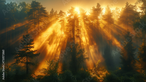 Sunrise in the forest  Sun rays in the forest  Mist in forest with sunbeam rays  Woods landscape  Ai generated image