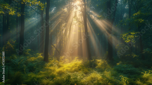 Sun rays in the forest, Mist in forest with sunbeam rays, Woods landscape, Ai generated image