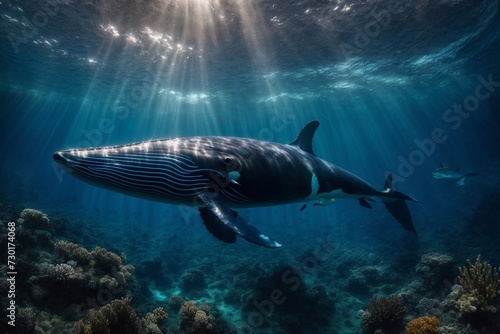 Majestic Whale Swimming in Sunlit Ocean Waters. Generative AI.