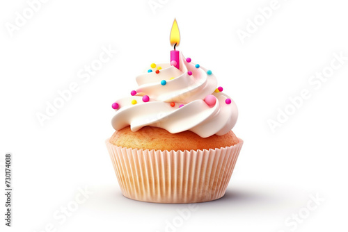 Food, holiday concept. Cupcake with burning birthday candle isolated on black background