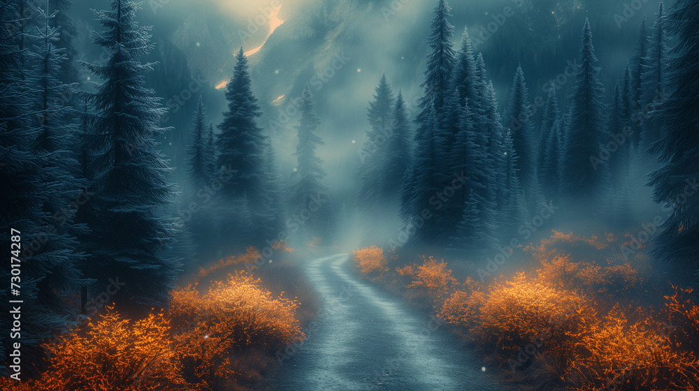 Forest in the fog, footpath in the forest, Morning in the mountains, Fog in the mountains, path in the moody dark coniferous forest , Ai generated image