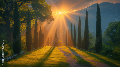 Sunrise in the forest, Path in sunburst rays of light. Green spring grass with cypress trees, Ai generated image