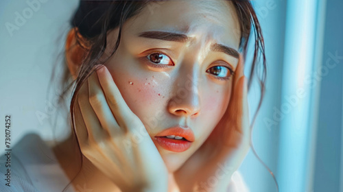 Dermatology, expression face worry asian young woman looking mirror hand touch facial at dark spot of melasma, freckles from pigment melanin, allergy sun. Beauty care, skin problem treatment, skincare