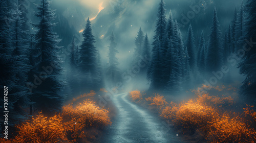 Forest in the fog  footpath in the forest  Morning in the mountains  Fog in the mountains  path in the moody dark coniferous forest   Ai generated image