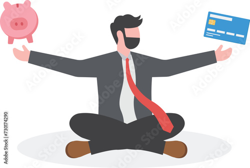 Financial discipline, saving money or investing strategy, routine or practice to invest or building wealth or pay off debt concept, ambitious man meditate with credit card and piggy bank.

