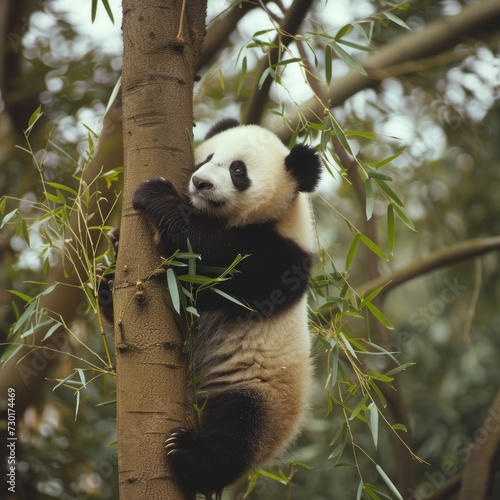 A panda effortlessly ascends a bamboo tree, displaying agility