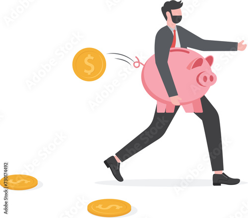 Financial crime, stealing money, investment risk or banking security concept, young man with black mask bandit costume or thief stealing or carrying wealthy piggy bank away with dollar coins falling.

