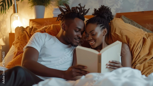 Young calm african loving couple girl guy in white t-shirts reading book lying on bed under blanket indoors in bedroom at home spending time in room. Rest relax good mood quarantine lifestyle concept.