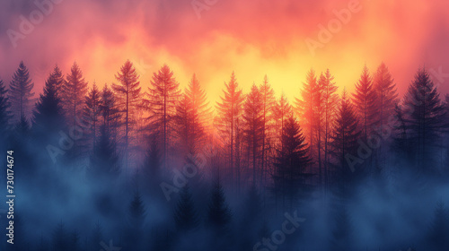 fire in the grass  silhouettes of lonely pine trees in the autumn fog at sunset  freedom and silence of nature wild forest in sunset colors  Ai generated image