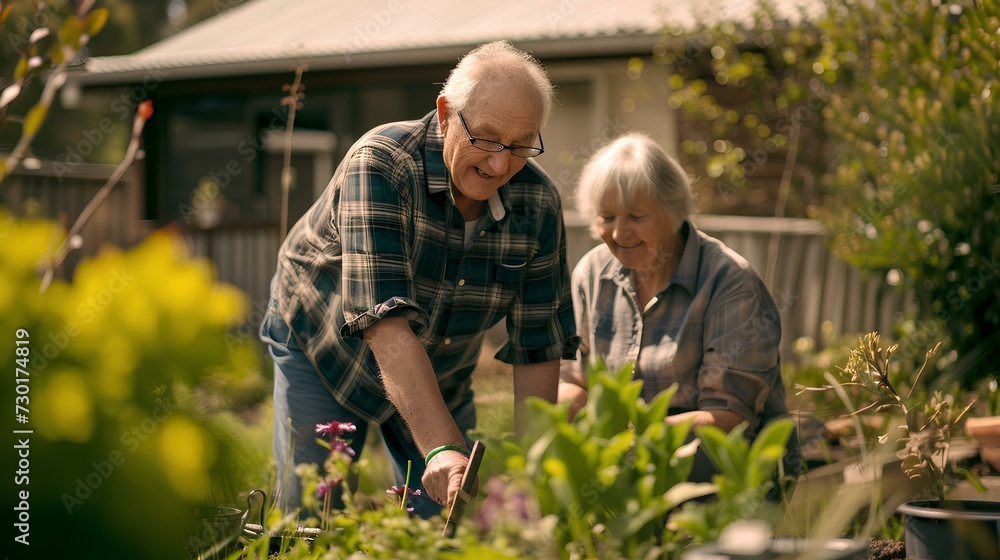 Fototapeta premium Happy grandfather and grandmother gardening together in the garden of a small suburban house. generative AI