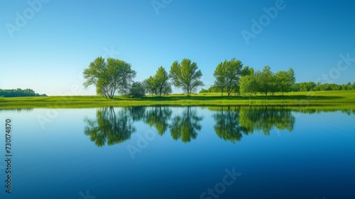 Calm waters reflect the tranquility of a serene, minimalist spring landscape