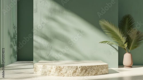 Product Presentation Concept Featuring a Natural Stone Podium on a Green Background