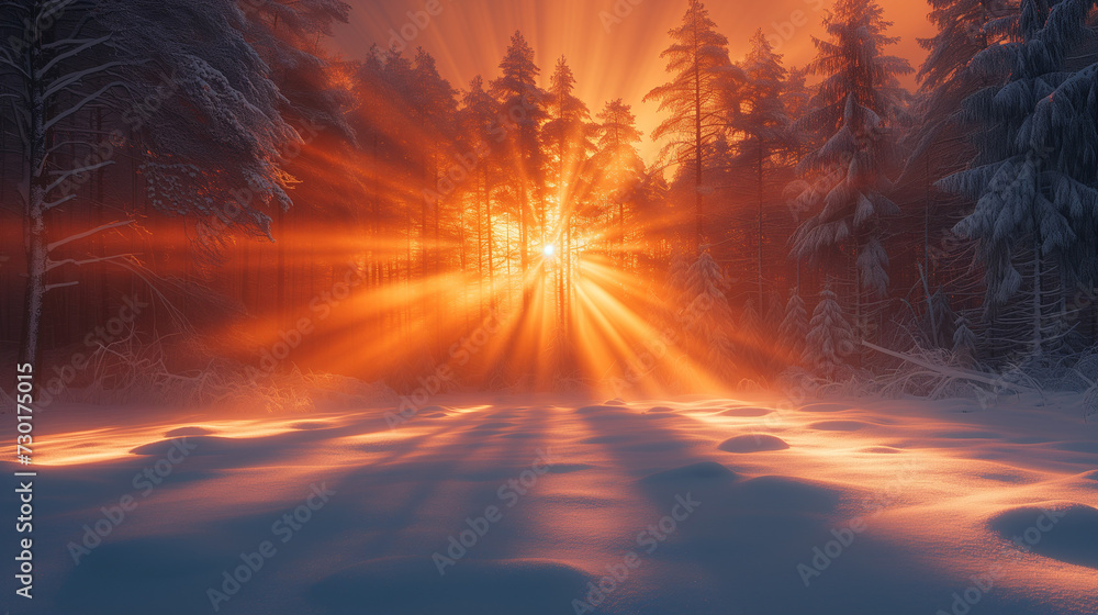 Sunset in the forest, Winter landscape in the forest, the rays of the morning sun at sunrise in the frosty fog between the trees, Ai generated image