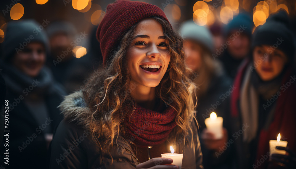 Smiling women in winter, happiness at night, young adults generated by AI