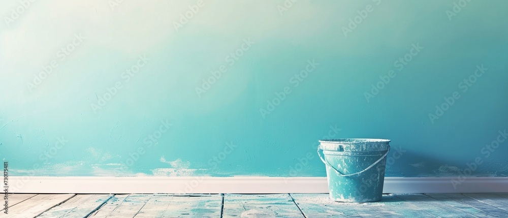 A bucket of paint in front of an unfinished blue painted wall, renovation - obrazy, fototapety, plakaty 