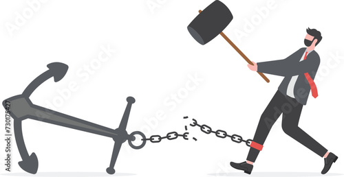 Freedom, relief or escape from bad habit, psychology anchoring effect or cut heavy burden to growing more concept, businessman cut chain himself with big heavy anchor.

