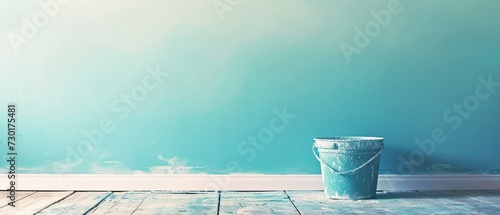 A bucket of paint in front of an unfinished blue painted wall, renovation