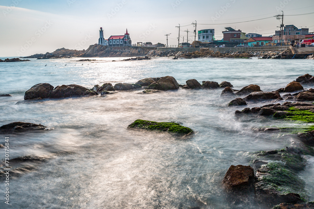 The view of the wavy winter sea at Dream Cathedral in Jukseong-ri, Gijang-gun, Busan, Korea