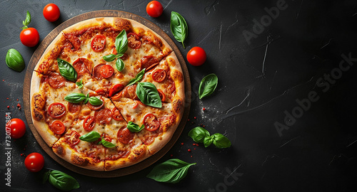 Margarita pizza with mozzarella cheese, cherry tomatoes on black stone background, copy space for your text