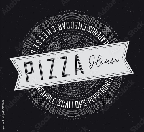 Poster featuring slices of various pizzas, chicken, seafood, pepperoni, cheese, margherita with recipes and names showcased in pizza house lettering, drawn on a black background.