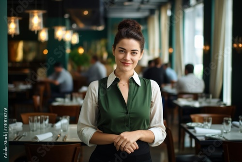 happy woman waiter in restaurant, cafe or bar