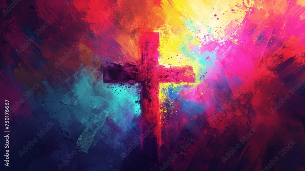 Vibrant Ash Wednesday poster, colorful abstract background spirituality, ash cross in the center, bright and hopeful mood. Religious Cross Symbolizing the Holy Spirit. - obrazy, fototapety, plakaty 
