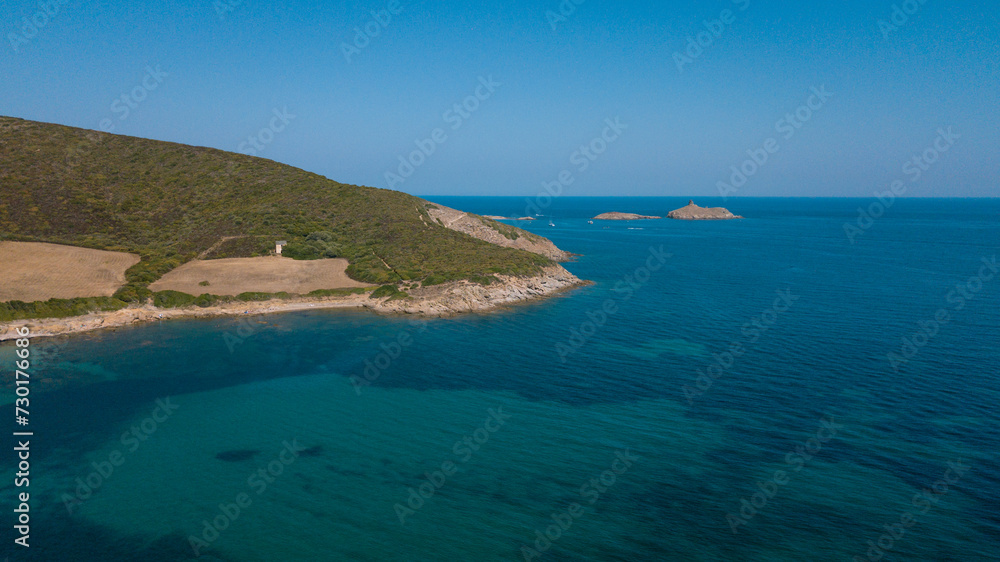 Drone photography of Tamarone beach with turquoise waters in Cap Corse