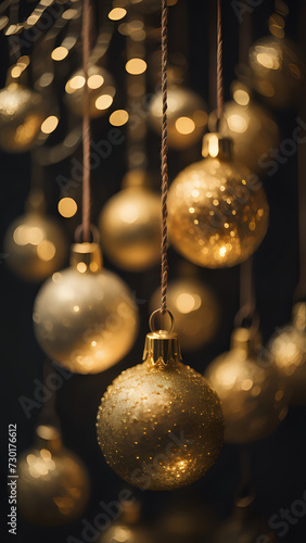 Closeup of hanging gold Christmas balls on a black background with Christmas lights in bokeh