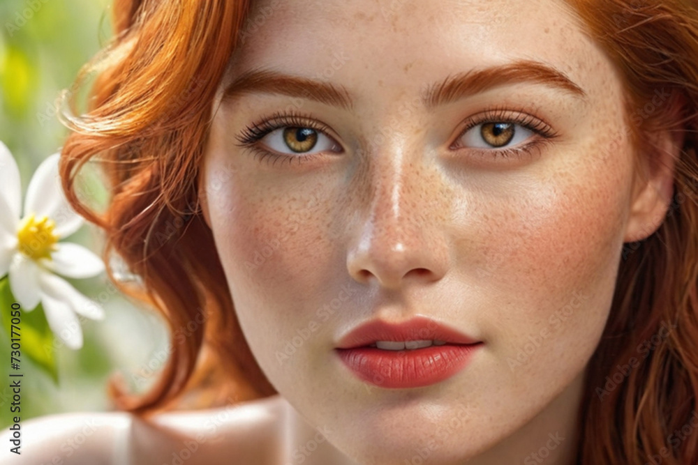 close up portrait of a redhead beautiful woman with freckles in spring flowers