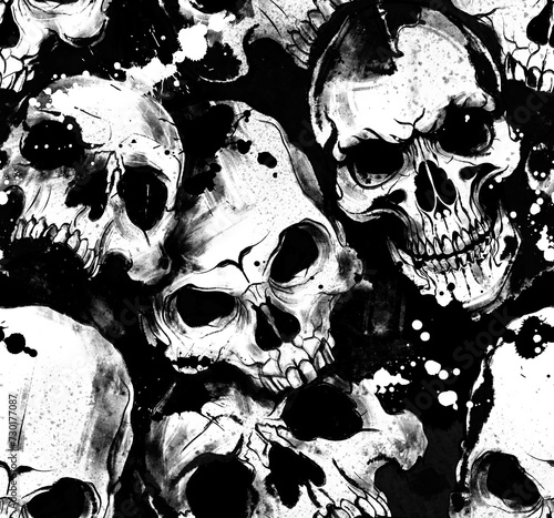 Hand draw skull pattern. Black and white pattern illustration.