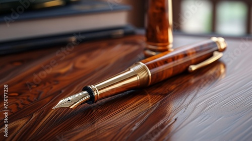  A sleek, gold-plated fountain pen resting on a mahogany desk.