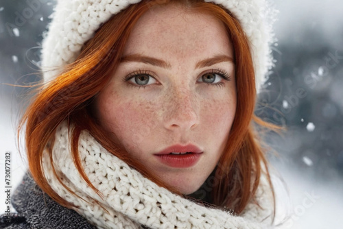 Obraz na płótnie Winter portrait of a young red-haired girl in a knitted hat and scarf covered with snow. Face with freckles close-up. Snowy winter beauty concept w salonie