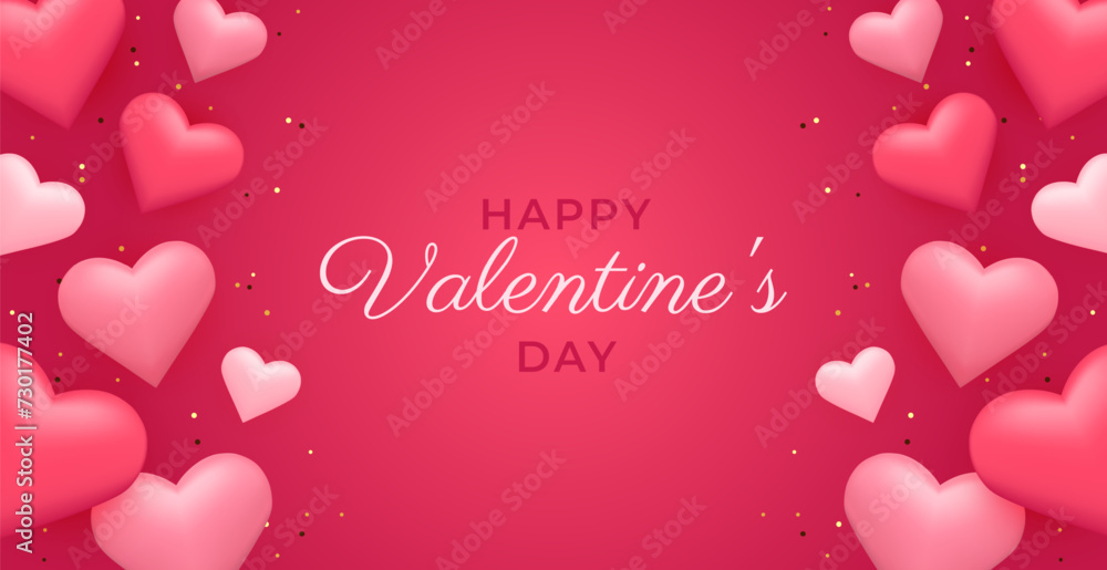 Happy Valentine's Day banner. 3D realistic pink balloon hearts. Holiday romantic template. Vector illustration 