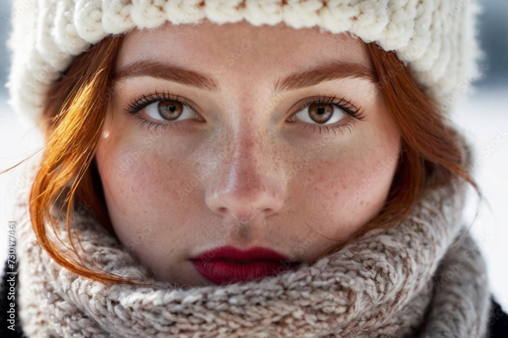 Winter portrait of a young red-haired girl in a knitted hat and scarf covered with snow. Face with freckles close-up. Snowy winter beauty concept